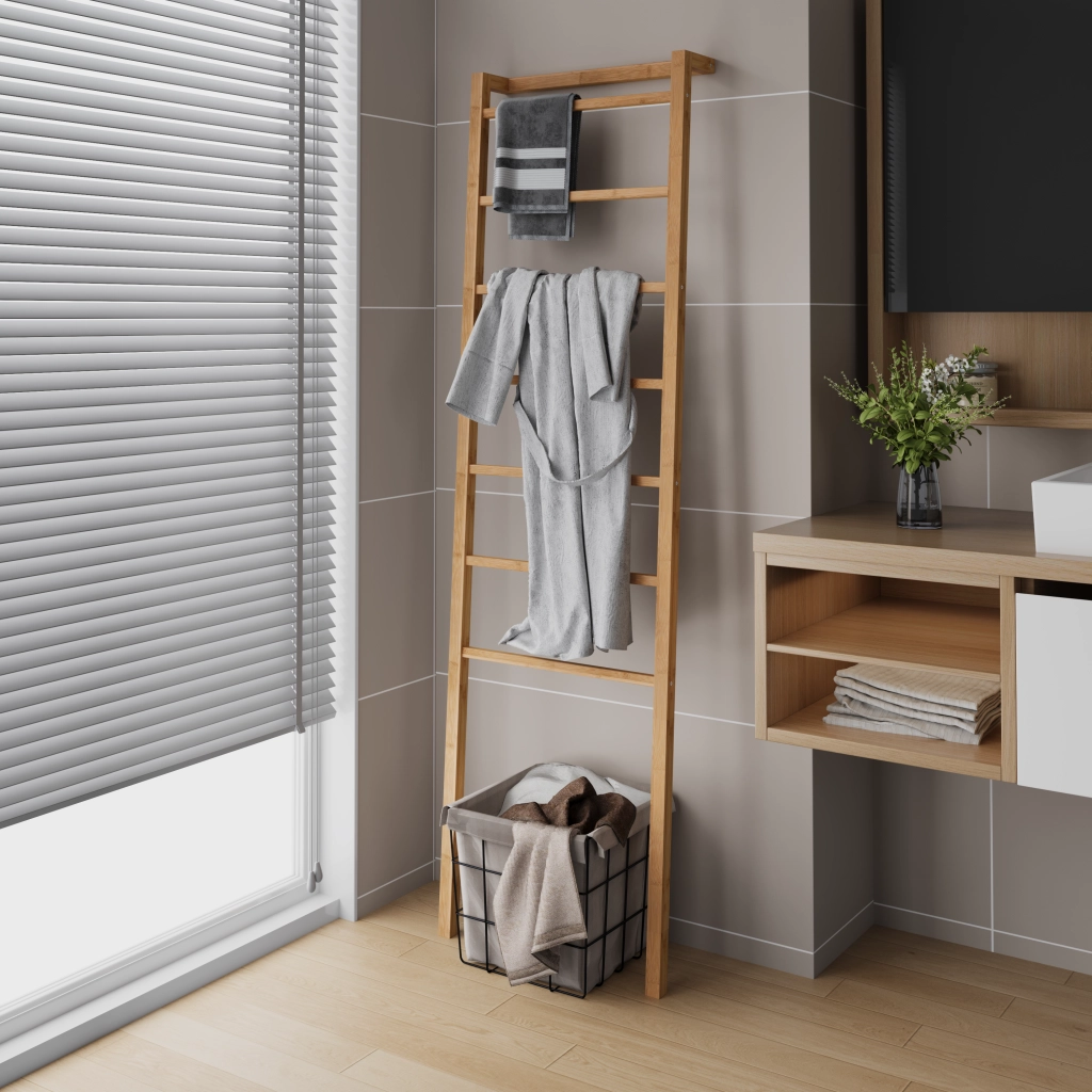 Scala porta asciugamani in bambù naturale a 7 pioli, design minimalista per bagno e casa