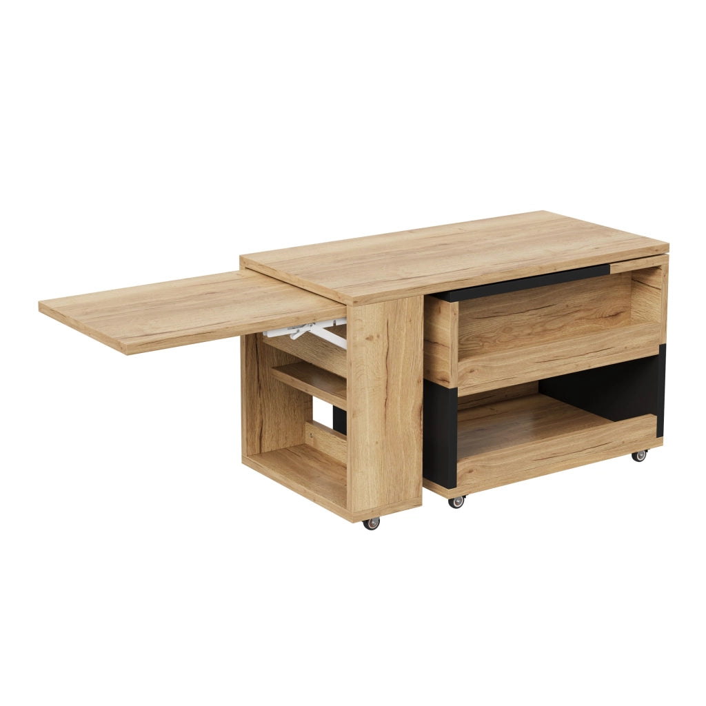 Tavolino da salotto estensibile, pannello laterale girevole a 360¡ã, piano regolabile in altezza, dotato di rotelle, disponibile nei colori legno naturale e nero