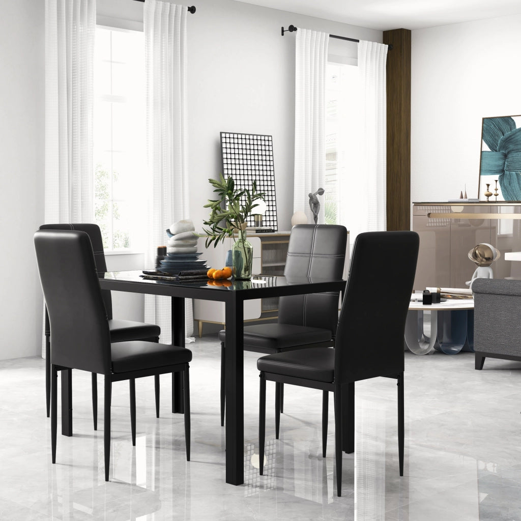 Set Tavolo da Pranzo Allungabile con 4 Sedie ¨C Zephmum ¨C Vetro Temperato, Imbottite in Pelle Sintetica, Nero, 90x200 cm