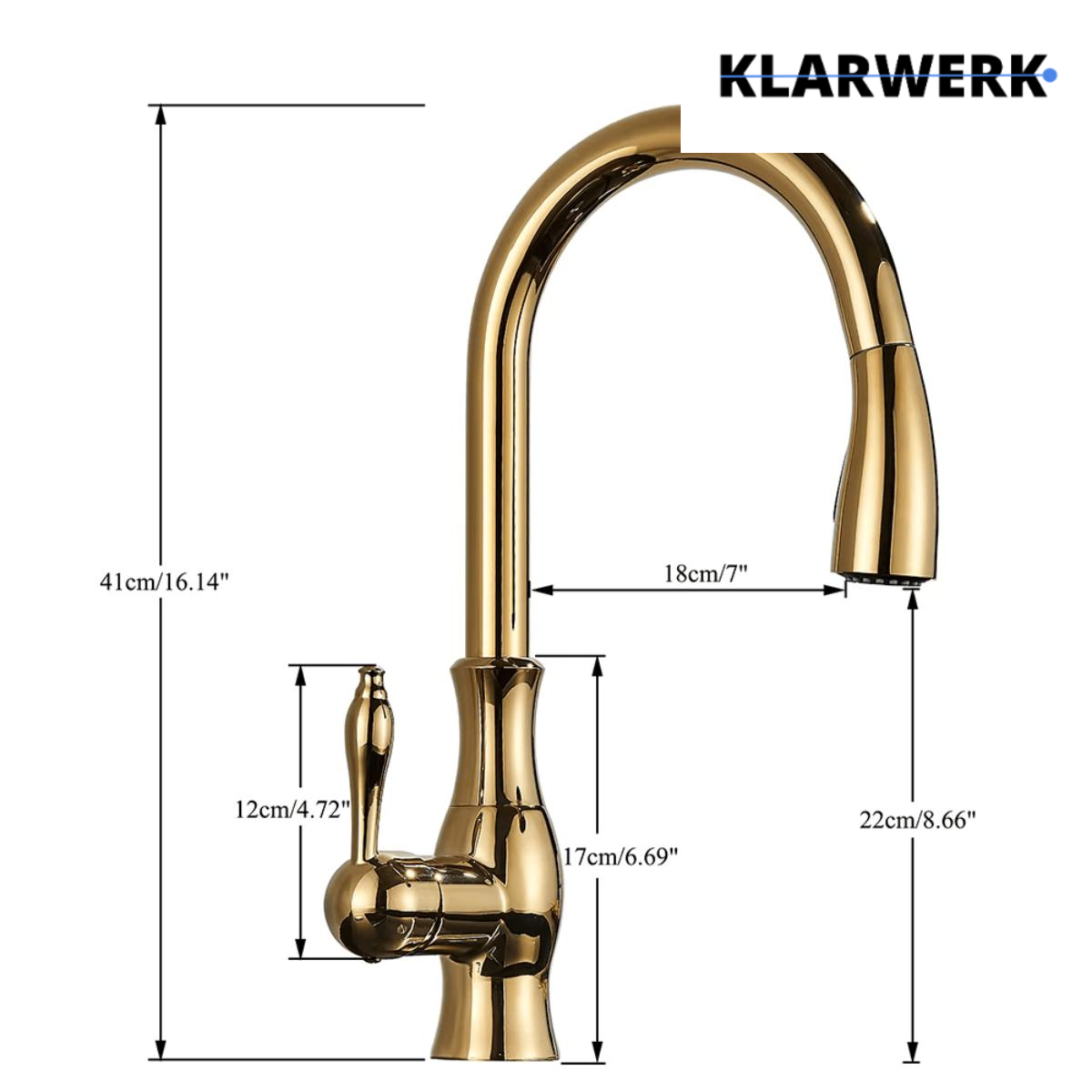 NAVIS | Elegante rubinetto cucina estraibile in acciaio inox dorato, arco alto, miscelatore di lusso, alta pressione, 360°, 2 attacchi