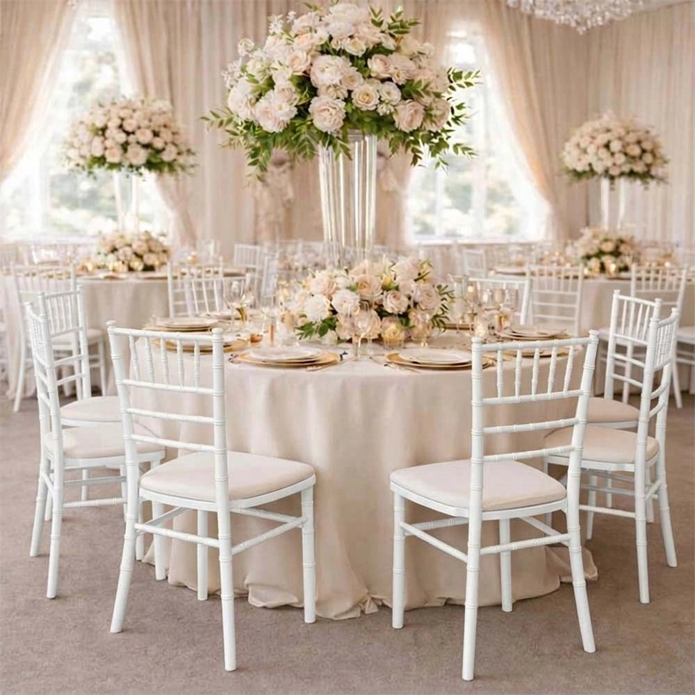 Set da 20 Sedie Chiavarine Bianche in Plastica con cuscino similpelle bianco