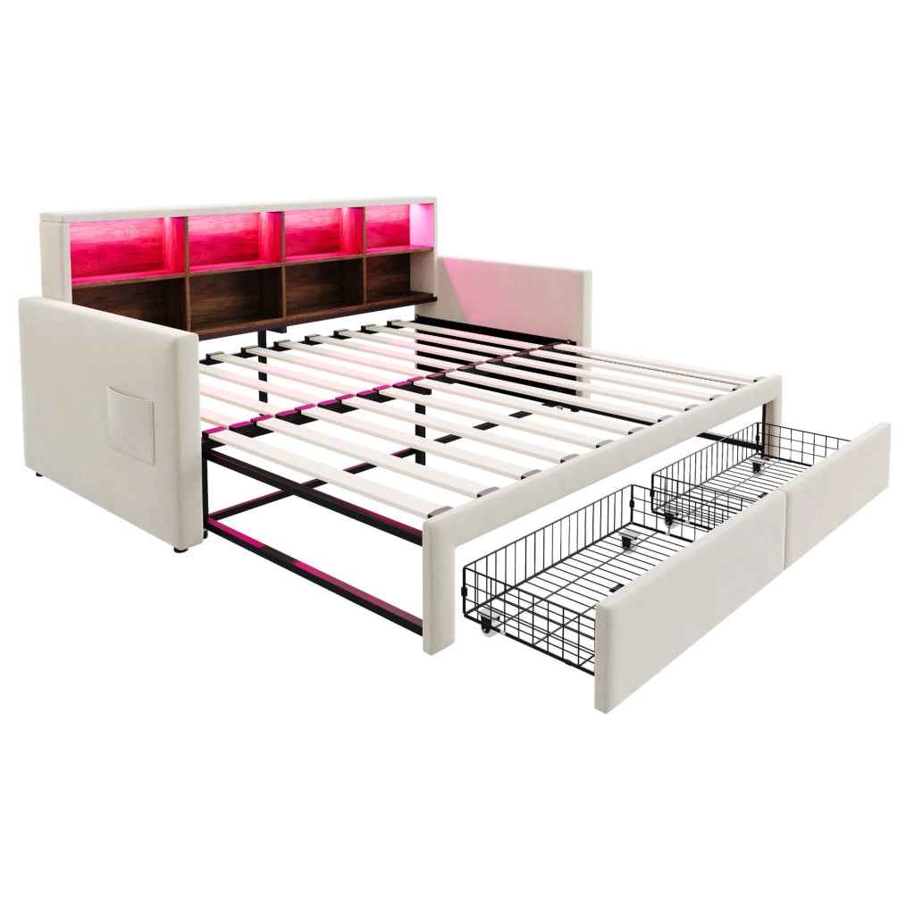 Divano letto imbottito estraibile 90x190 cm con LED; prese e cassetti; beige