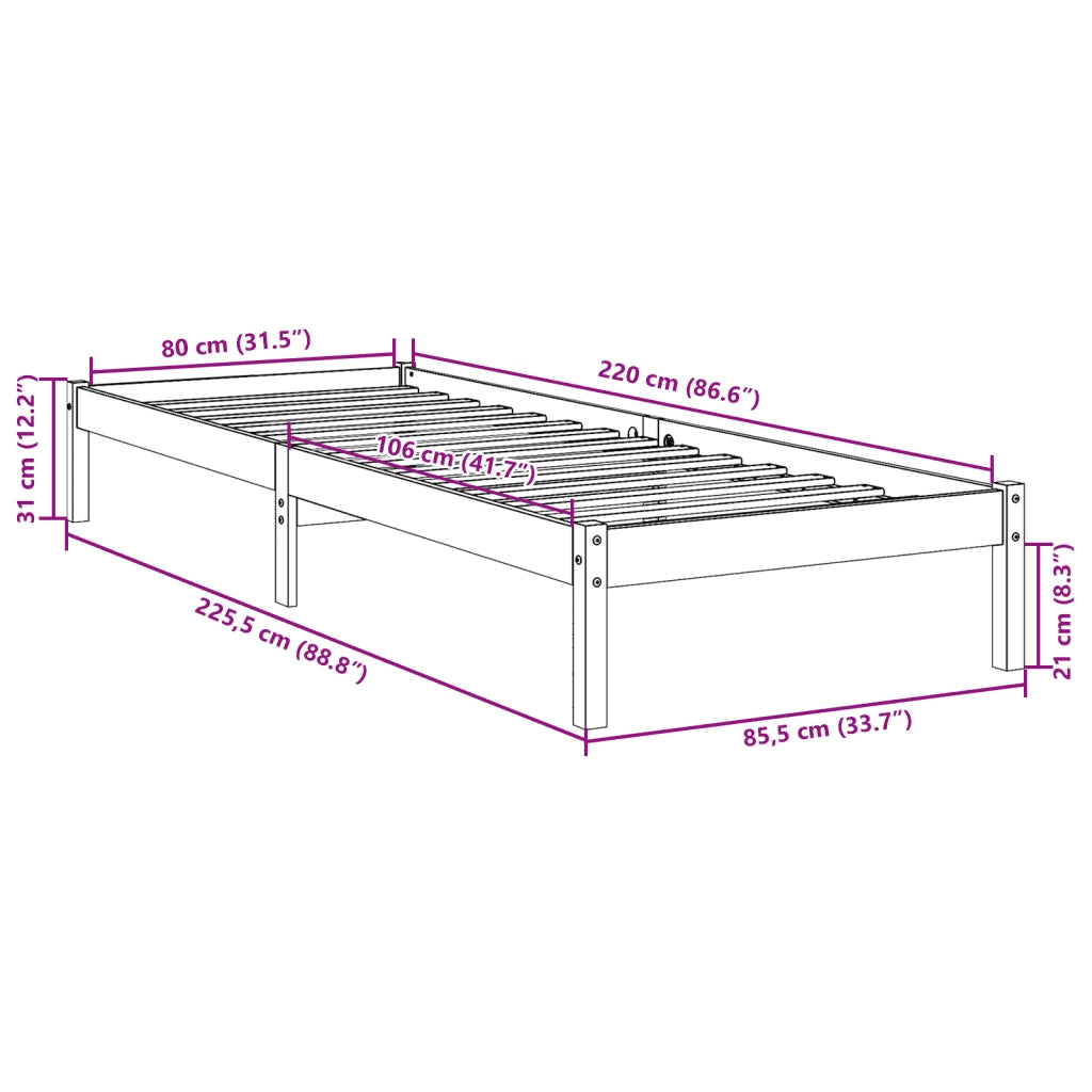 Letto Extra Lungo senza Materasso 80x220 cm in Legno di Pino 852414