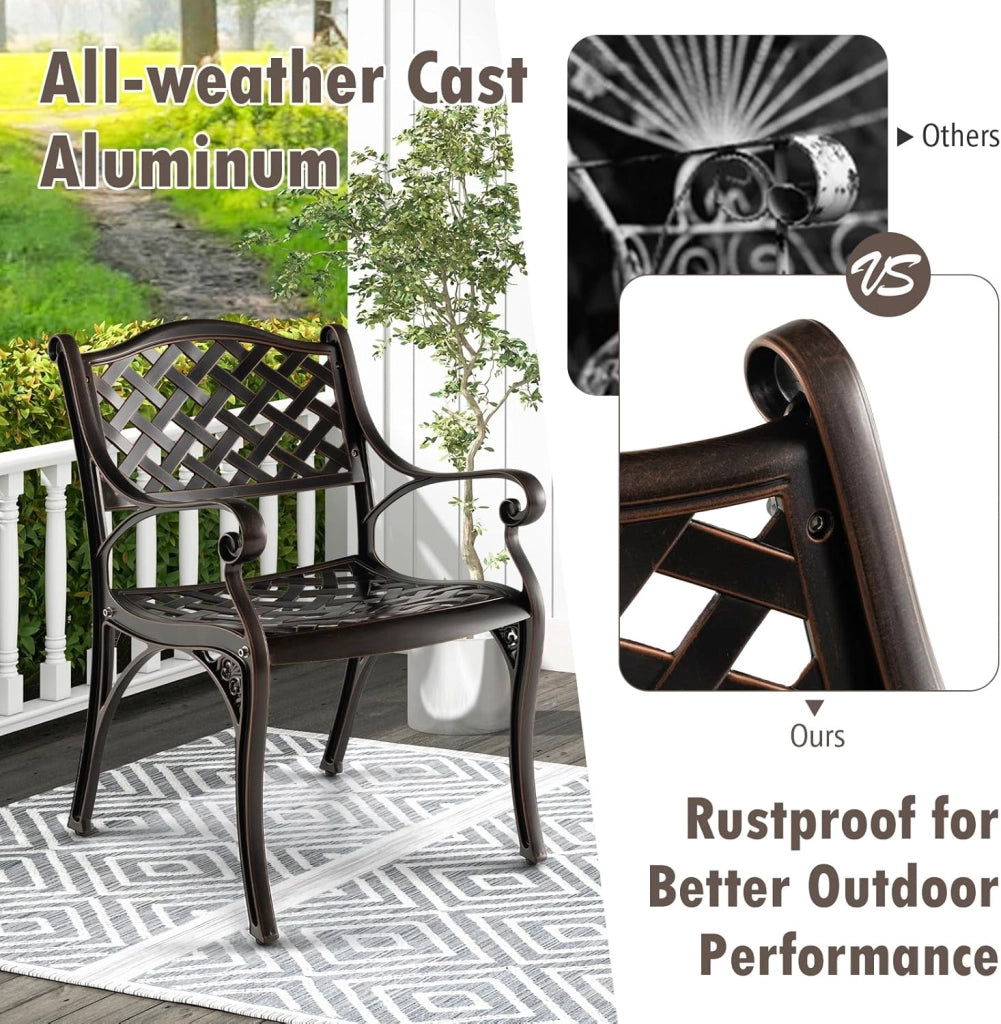 Set di 2 sedie da giardino, da bistrò, resistenti alle intemperie, in alluminio pressofuso, da giardino, da giardino, da terrazza, ergonomiche con schienali e braccioli, da giardino anticato,