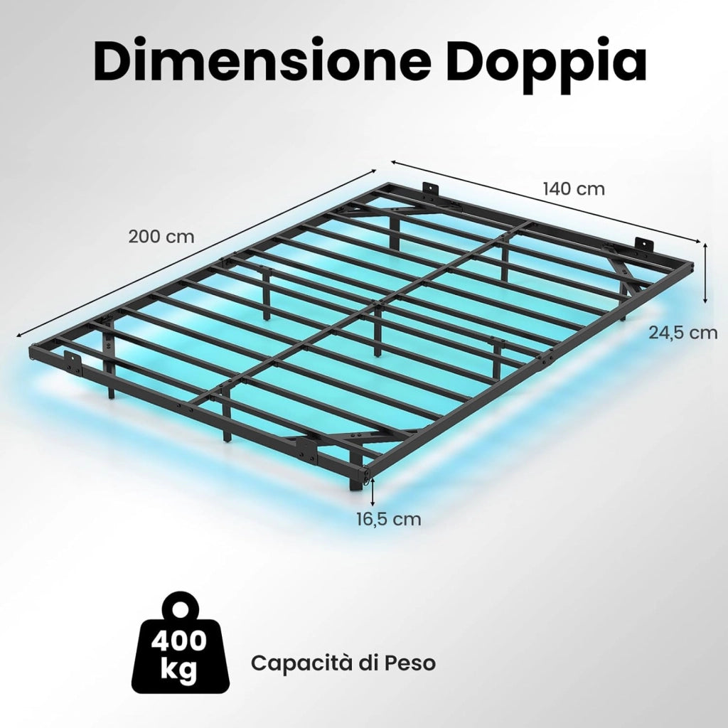 Telaio Letto Galleggiante, Letto Matrimoniale 140 x 200 cm in Metallo con Luci LED Fissaggio per Materasso, Doghe Resistenti a Carico Pesante, Carico 400 kg