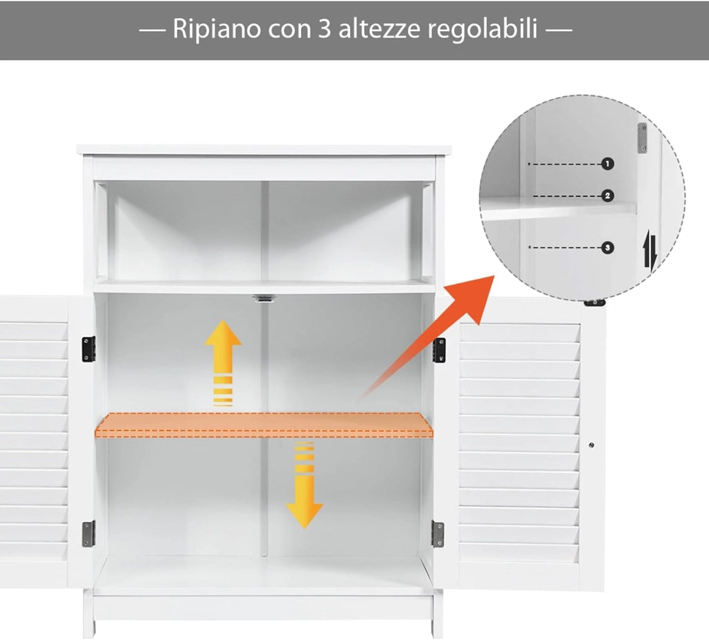 Armadietto del Bagno, Armadietto di Legno con Doppie Ante a Persiana e Mensola Regolabile, Armadio per Bagno Salone Camera da Letto (Bianco)