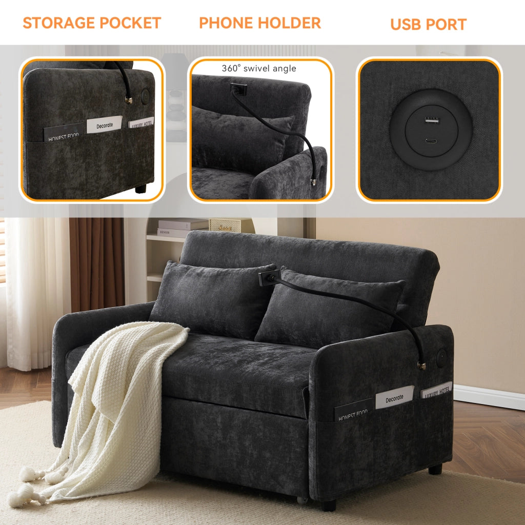 Divano Letto 2 Posti con Schienale Regolabile, USB, Supporto per Telefono e Tasche Laterali, in Ciniglia Grigio 129 × 76 × 81 cm