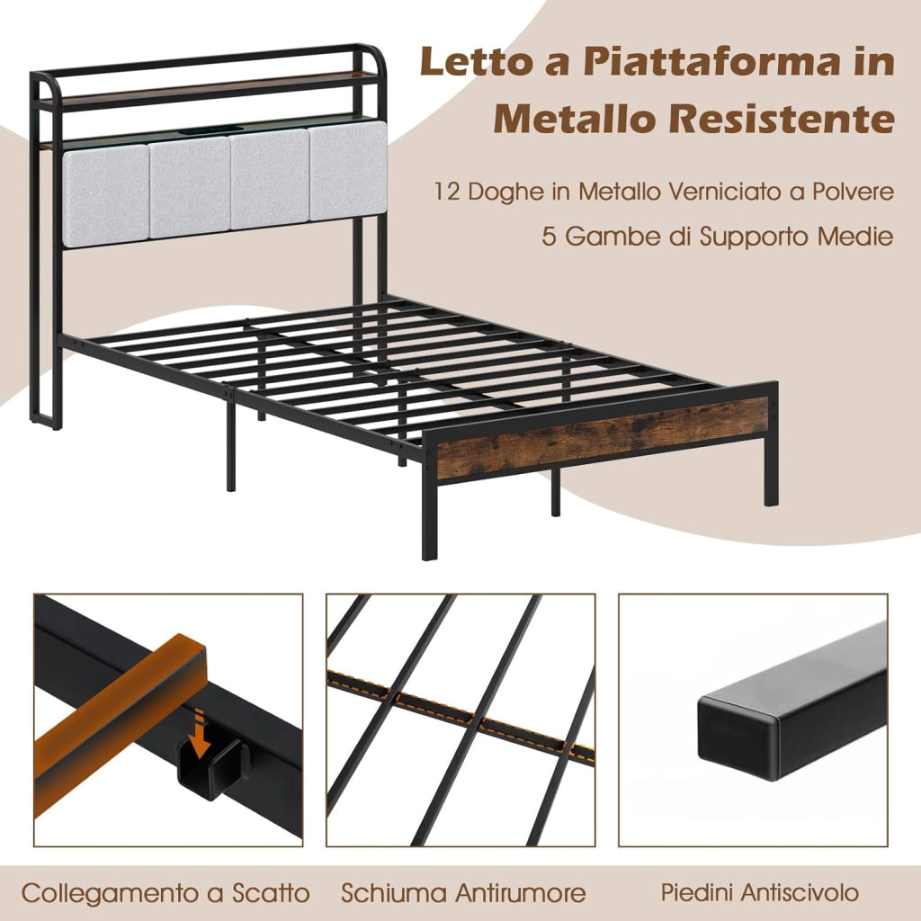 Letto Matrimoniale 220 x 140 cm con Luci LED a Telecomando, Struttura Letto con Stazione d Ricarica, Telaio Letto con Testiera Rivestita in Lino, Capacità di 500 kg, Marrone Rustico