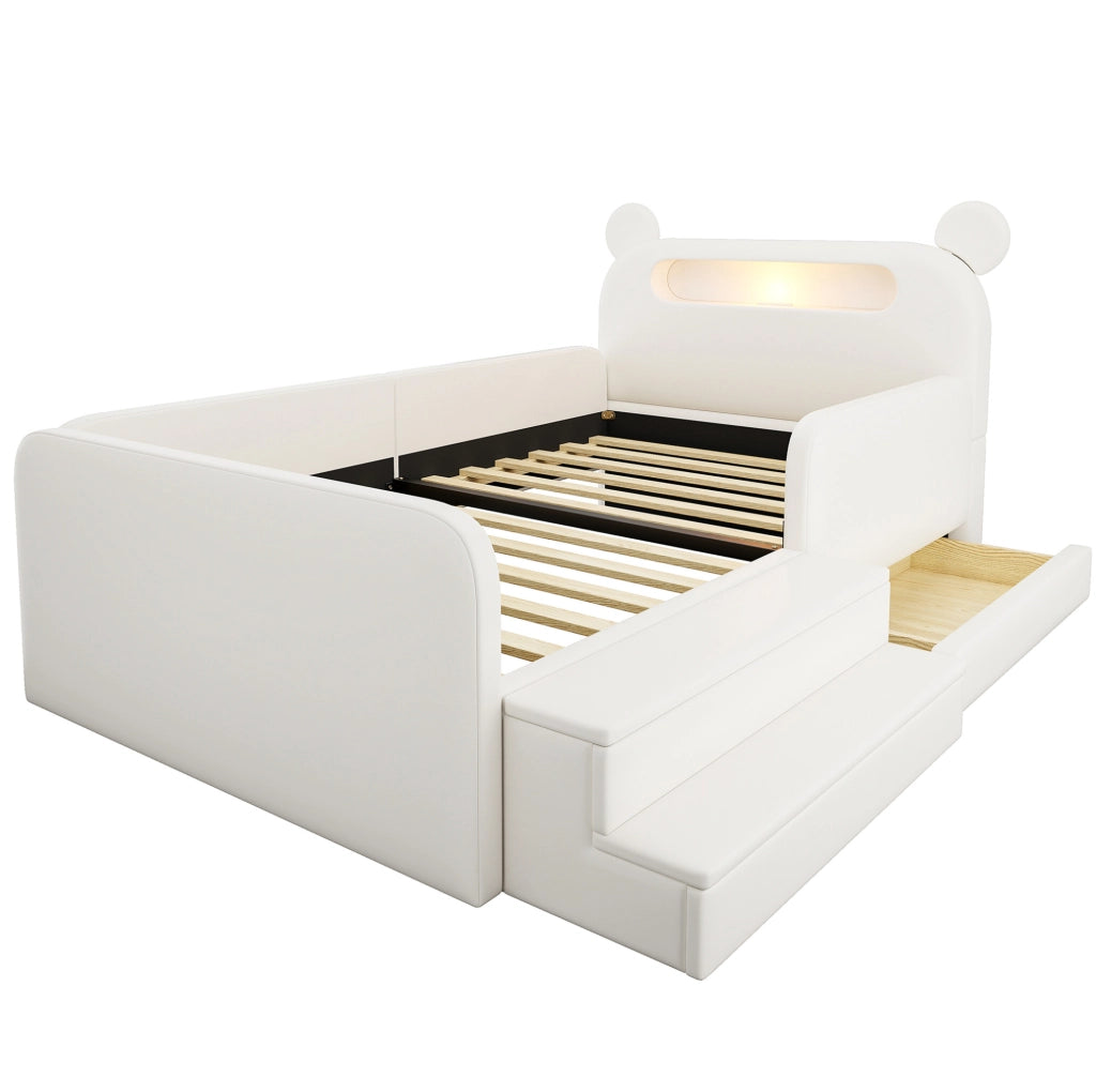 Letto imbottito per bambini 90x200 cm con testiera orso, luce notturna e USB bianco