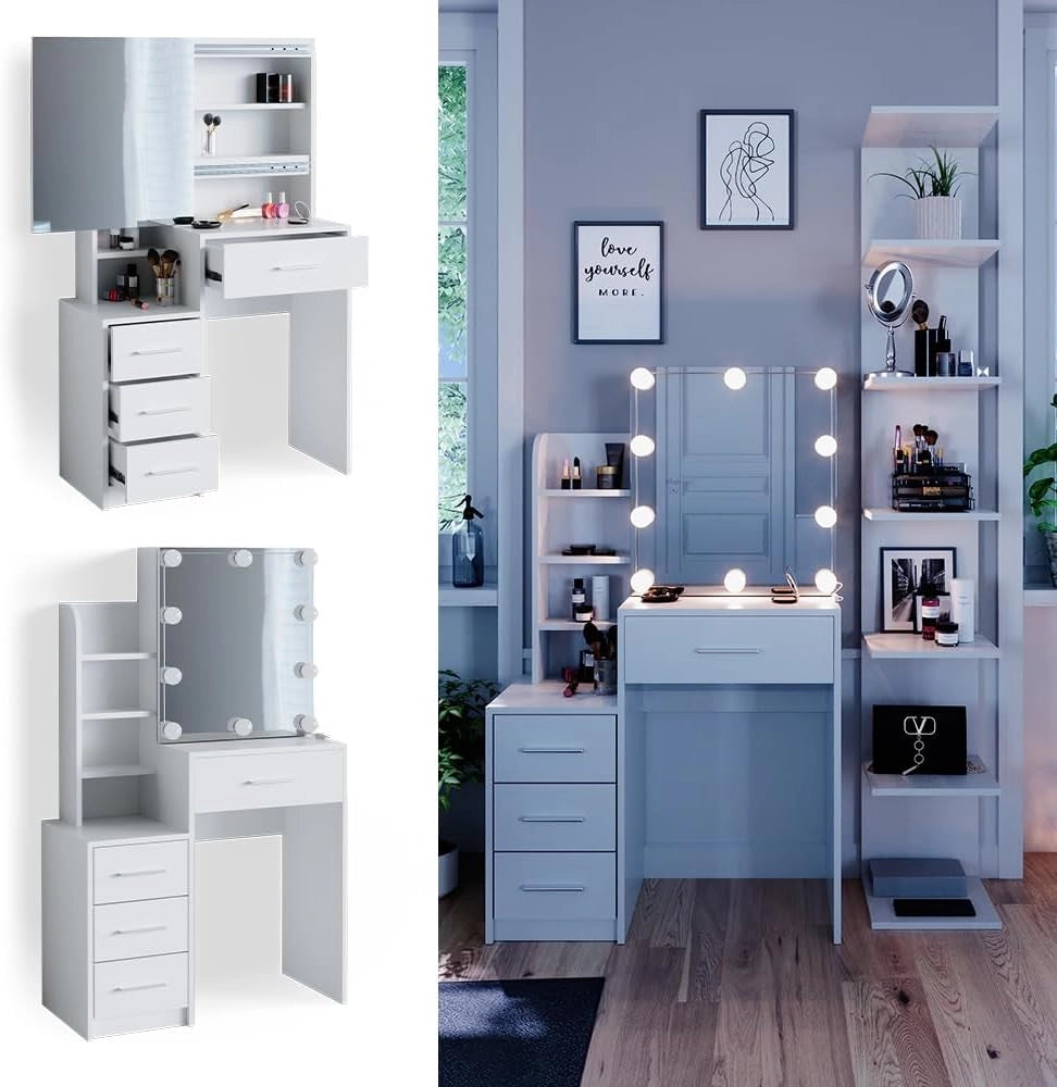 Vicco Tavolo da toeletta Conrada, Bianco, 80 cm con illuminazione a LED, adatto per l'organizzazione di articoli cosmetici e accessori