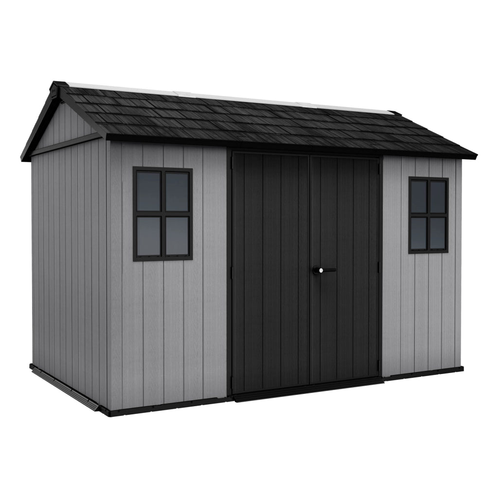Newton + 7511/1175 - Casetta da Giardino 350x246x230 cm 2 Ante per deposito attrezzi finitura effetto legno Evotech+ in Resina Grigio e Nero