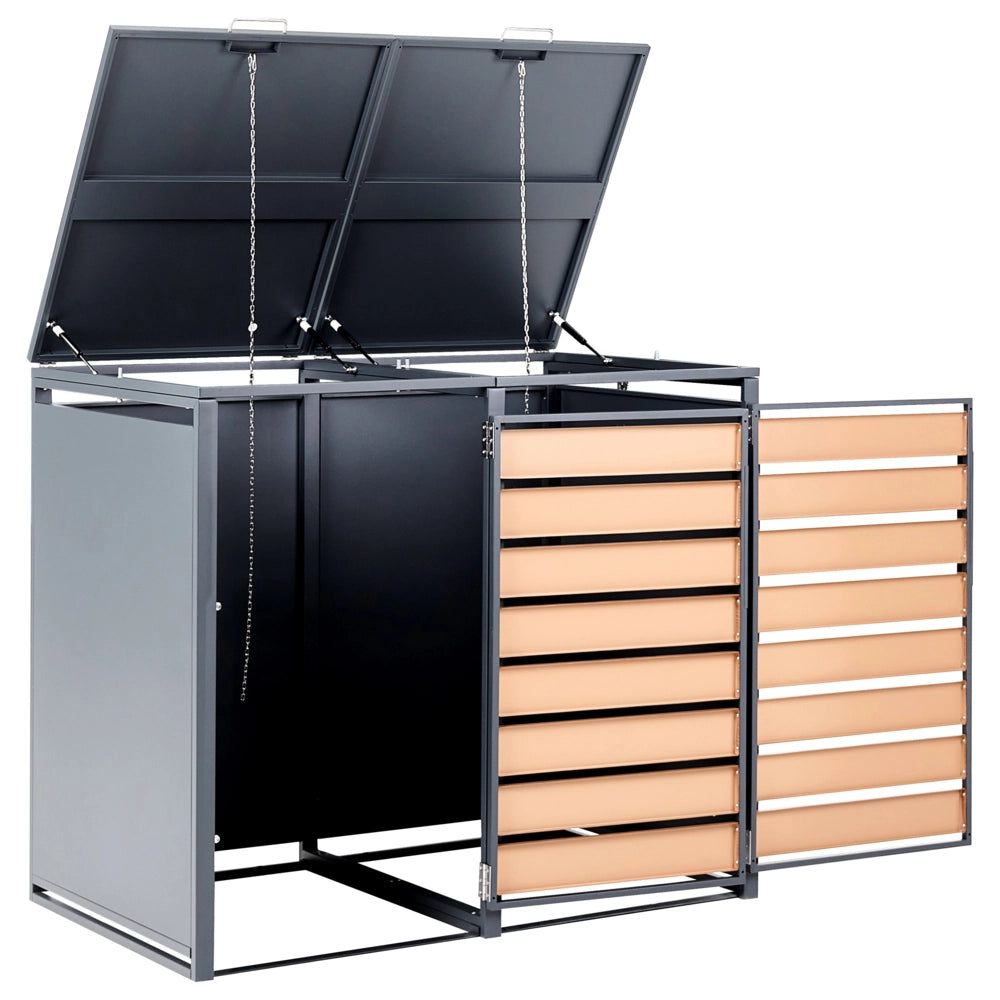 Copertura doppia per bidone della spazzatura in acciaio zincato grigio scuro da 480 L con sportello magnetico a trasferimento termico e finitura effetto legno, apertura dall'alto, per esterni e giardino