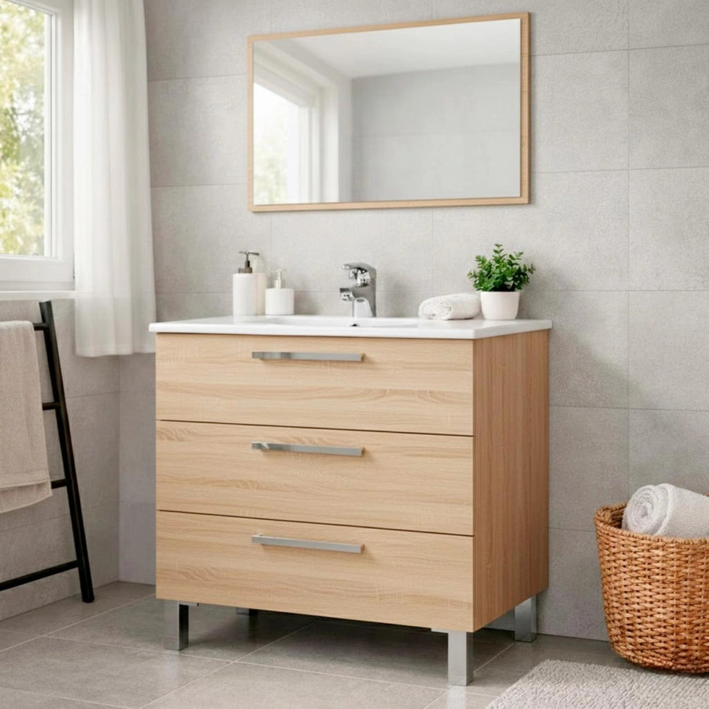 Mobile Bagno A Terra Con 3 Cassetti E Lavabo In Ceramica Con Specchio Incluso Design Moderno Salvaspazio Elegante E Funzionale 77 X 50 Cm 80 X 45 X 86 Cm Rovere Chiaro