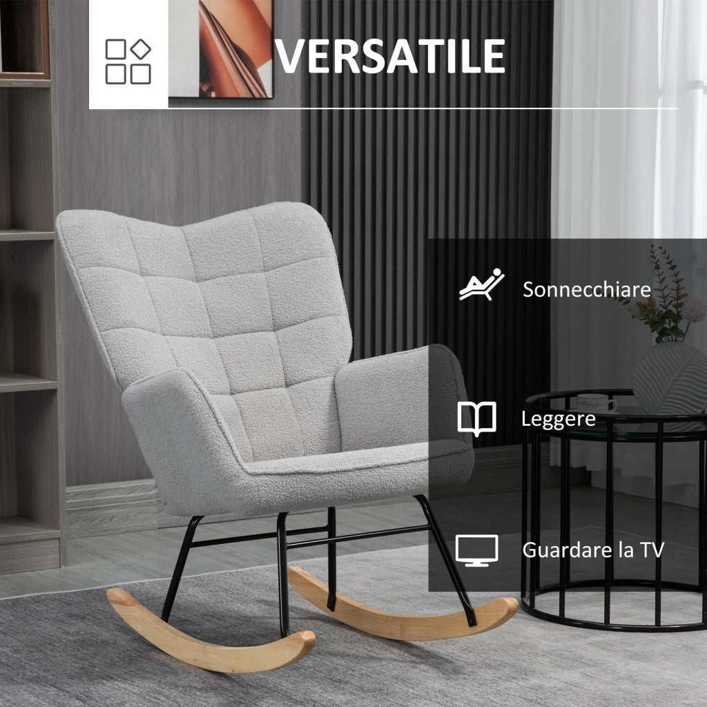 Poltrona a Dondolo Imbottita in Legno e Acciaio ¨C Zephmum ¨C Grigio Boucl¨¦ 71x98x101