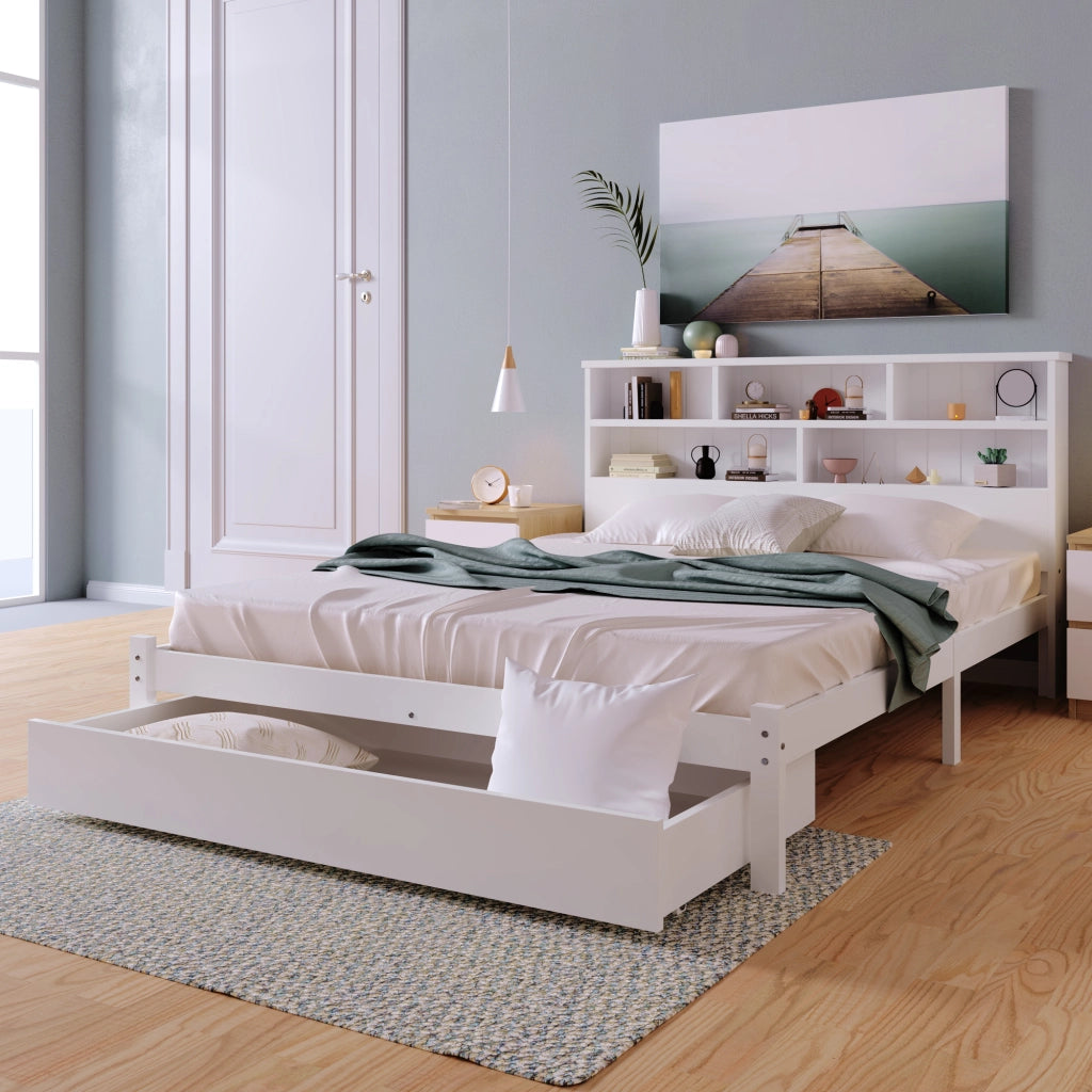 LETTO matrimoniale 140x200 cm bianco in legno con testiera a libreria e cassetti