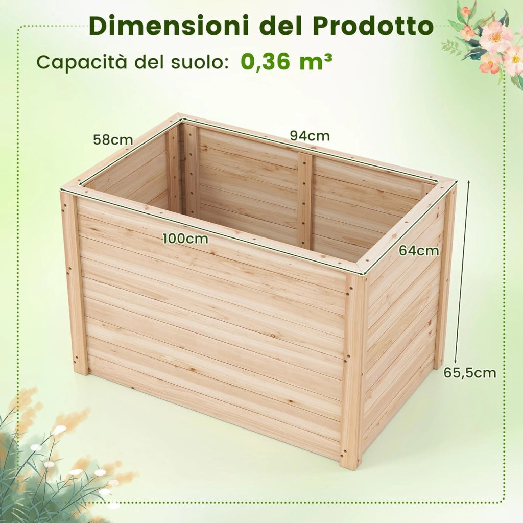 Letto da Giardino Rialzato in Legno, Fioriera Elevata con Base Aperta per Piante con Radici Profonde, Fioriera in Legno Massiccio per Patio, Balcone e Giardino, 100 x 64 x 65,5 cm