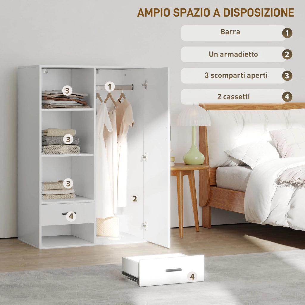 Armadio con 2 Cassetti, Ripiani Aperti e Vano Appendiabiti ¨C zephmum ¨C Bianco, 80x50x124 cm