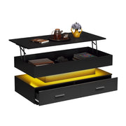 Tavolino da caffè con piano alzabile; 2 cassetti e LED - per soggiorno - in truciolato - 100x50x44 cm - nero