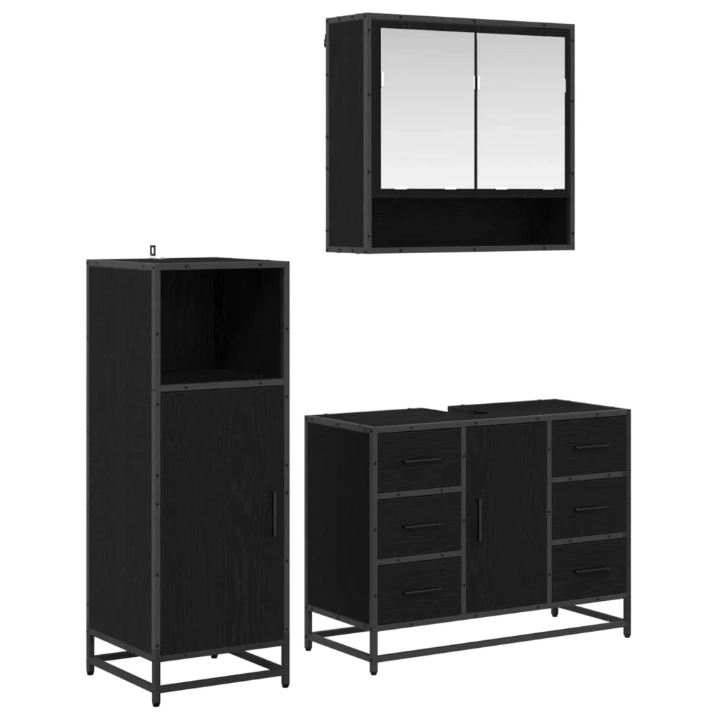 Set di mobili per il Bagno | Armadio da bagno 3 pz Rovere Nero Legno multistrato