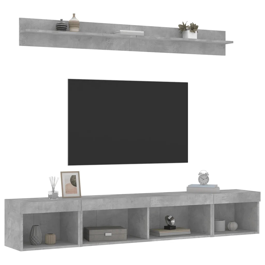 vidaXL Mobili TV a Muro con LED 5pz Grigio Cemento Legno Multistrato