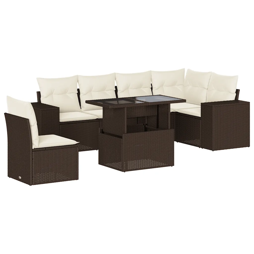 Set Divani da Giardino 7 pz con Cuscini Marrone in Polyrattan