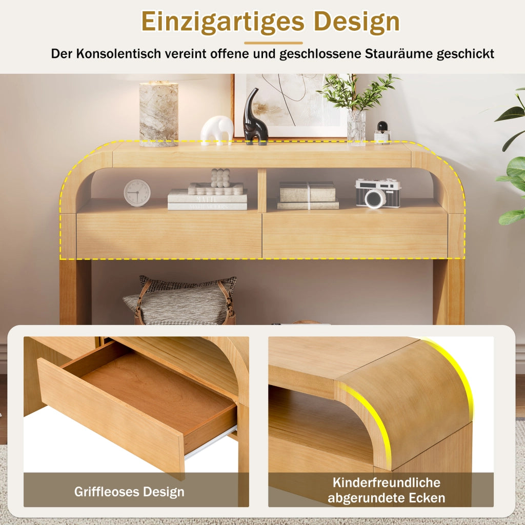 Consolle con 2 cassetti e vani aperti, piedi regolabili, per ingresso e soggiorno, in MDF, naturale 120 × 35.5 × 76.5 cm