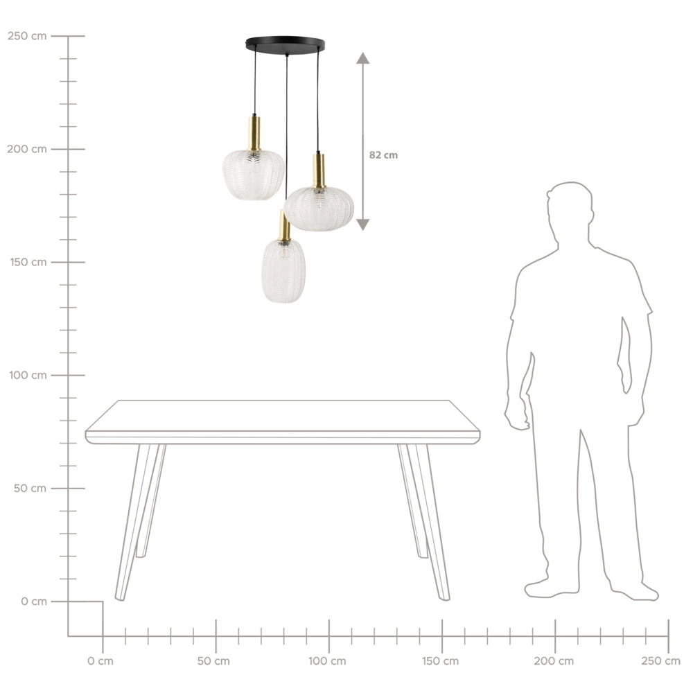 Lampadario a sospensione a 3 luci con paralume in vetro e base in metallo stile retrò trasparente