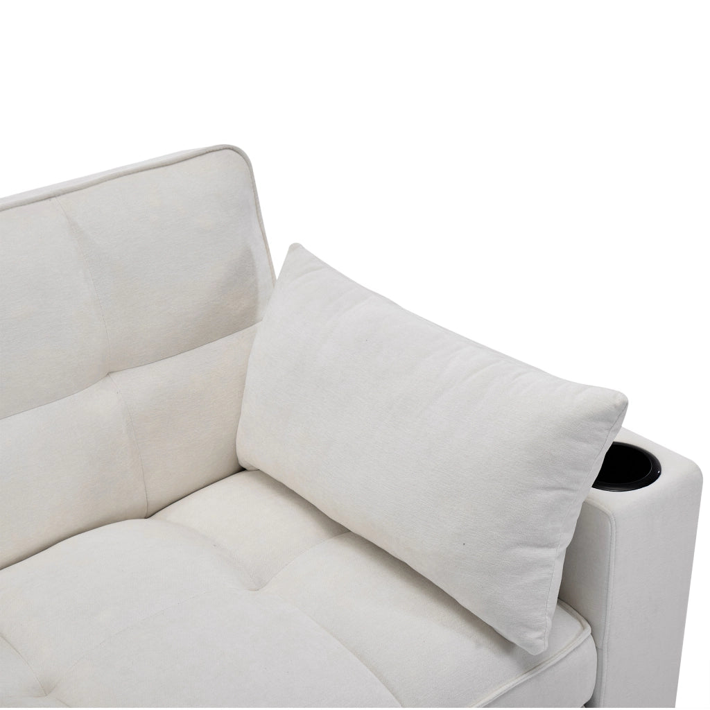 Divano letto convertibile con schienale regolabile porta USB tavolino nascosto e portabicchieri in tessuto beige