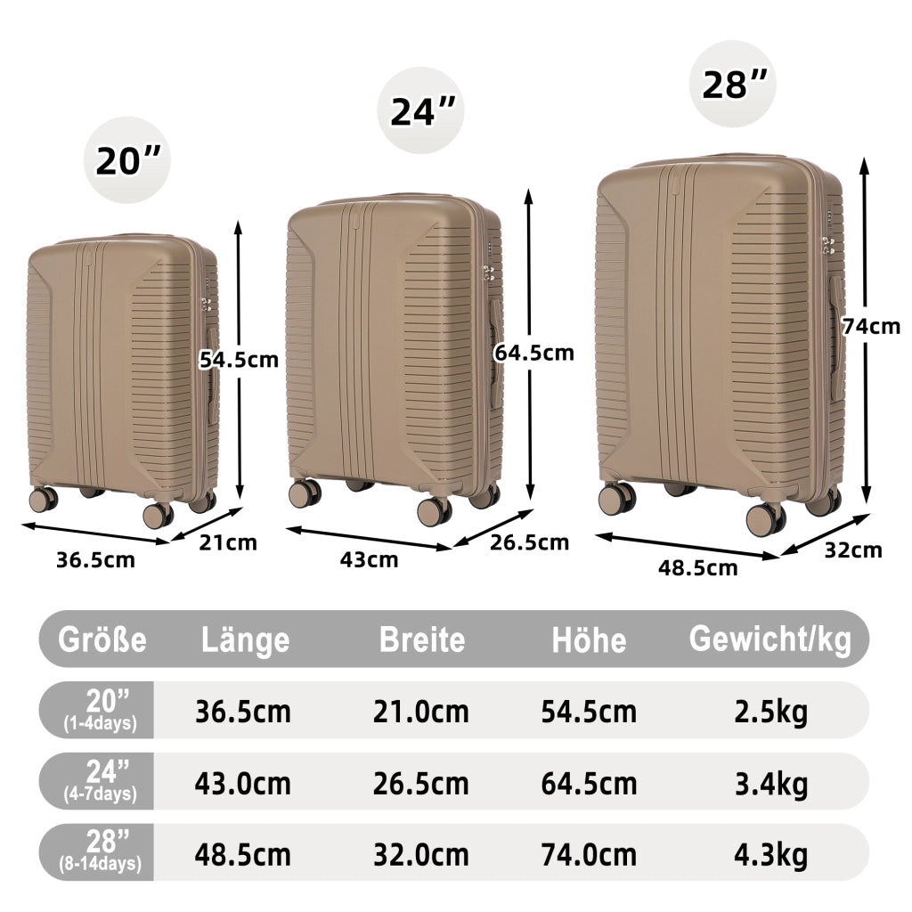 Set di 3 valigie rigide in pp con ruote doppie a 360°, ganci laterali e lucchetto a combinazione champagne 48,5 × 32 × 74 cm