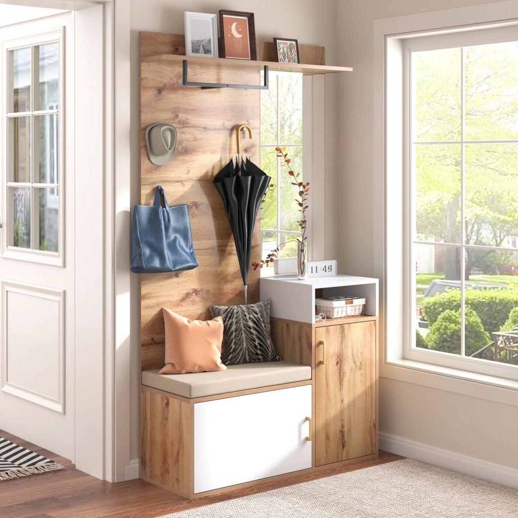 Set Ingresso con Specchio, Scarpiera, Appendiabiti, Panca e Ganci ¨C MINIMAL ¨C Bianco/Legno