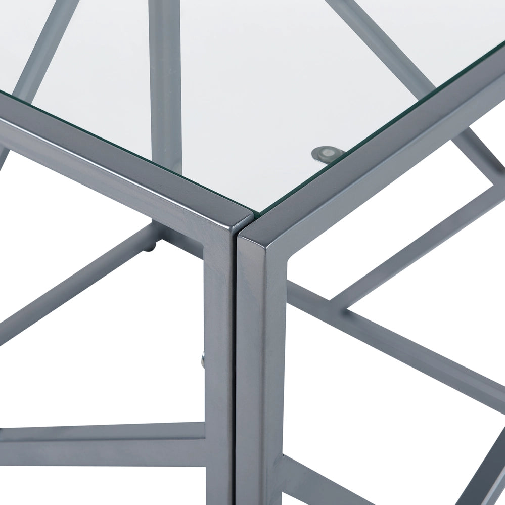 Tavolino Laterale Piano In Vetro Trasparente Struttura In Metallo Argento Cubo 50 x 50 cm Glam Modern
