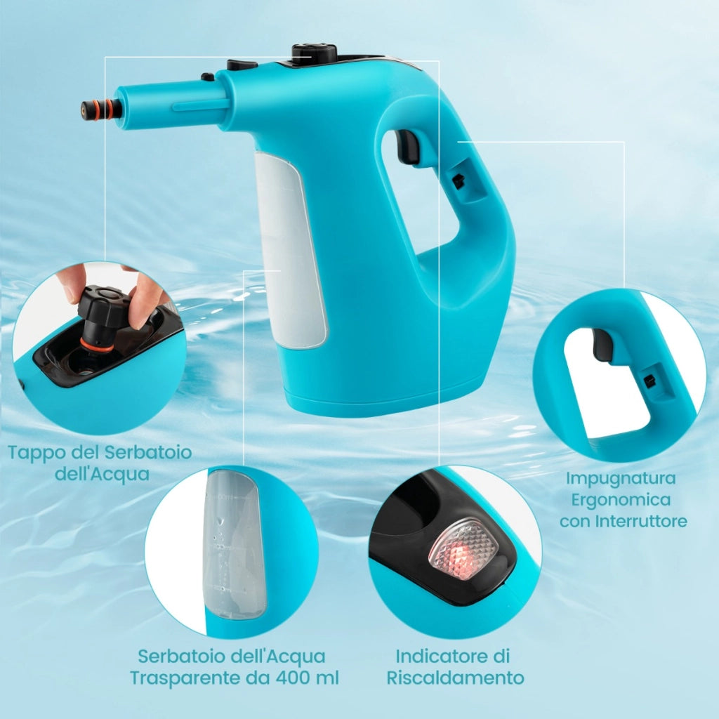 Pulitore a vapore portatile da 1500w con vapore continuo serbatoio d'acqua da 400ml, Pulitore a vapore pressurizzato Blu-Elettrodomestici pulizia