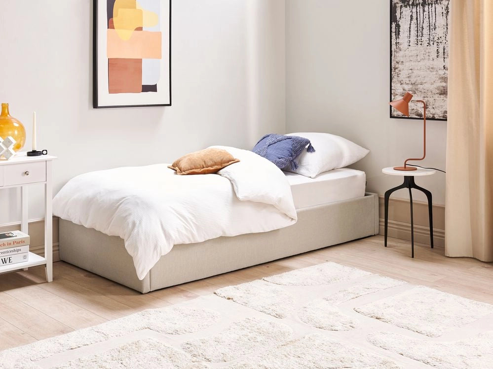 Letto a doghe Ottomana imbottita in tessuto di poliestere beige scuro Portaoggetti da 90 x 200 Single Size Design moderno