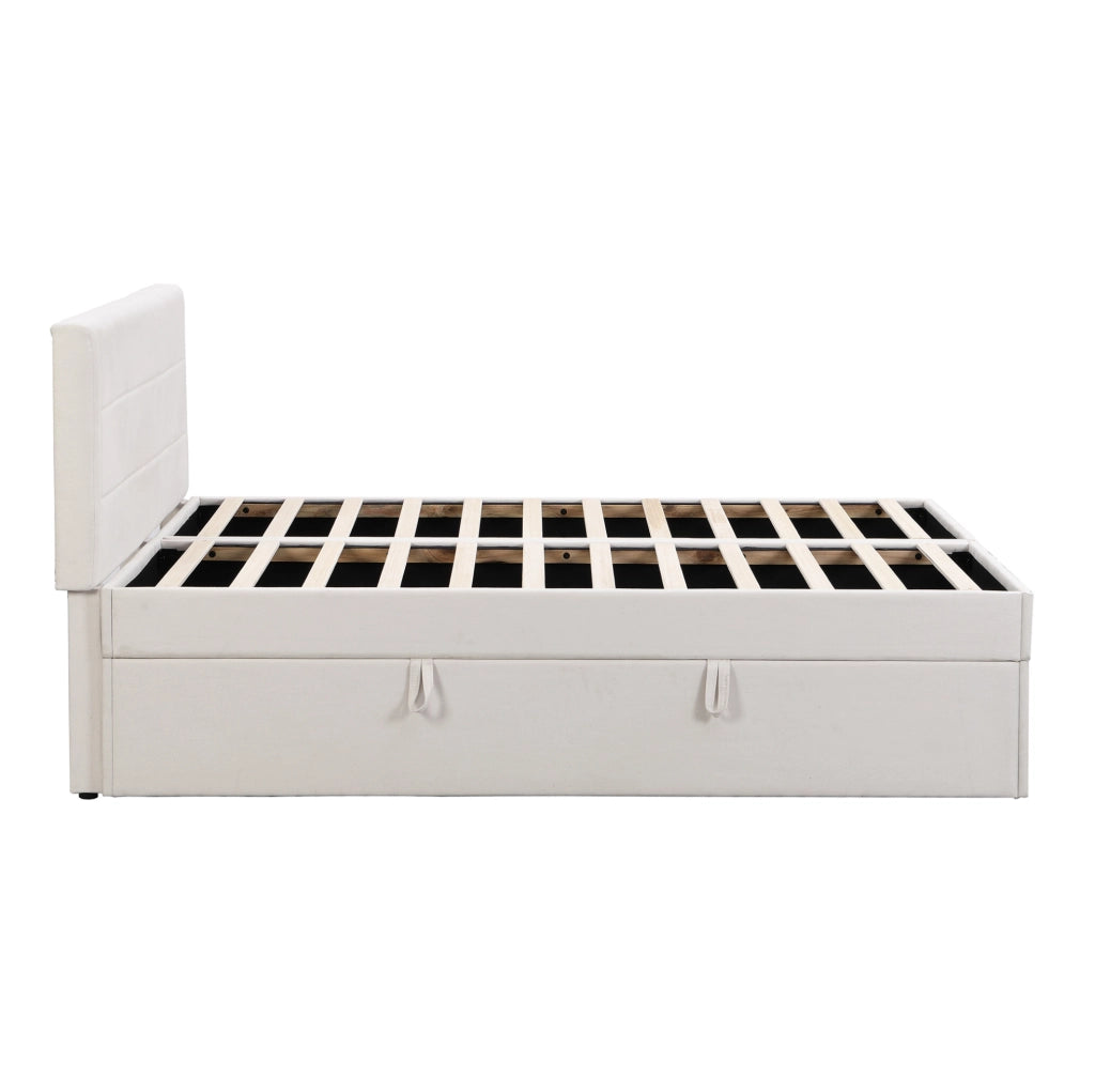 Letto matrimoniale imbottito beige con contenitore e rete a ribalta