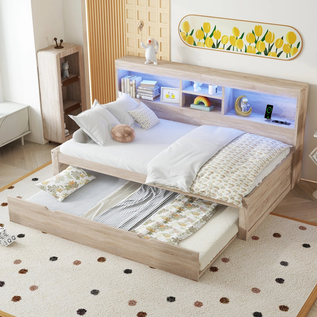 Letto singolo estraibile 90x200 cm con luce ambiente, presa e USB, finitura naturale, senza materasso