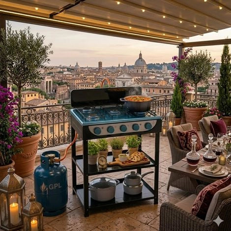 Staylux cucina 5 fuochi gpl con 2 ripiani, libera installazione per uso esterno ed interno, colore nero, dimensioni 65x49xh92 cm
