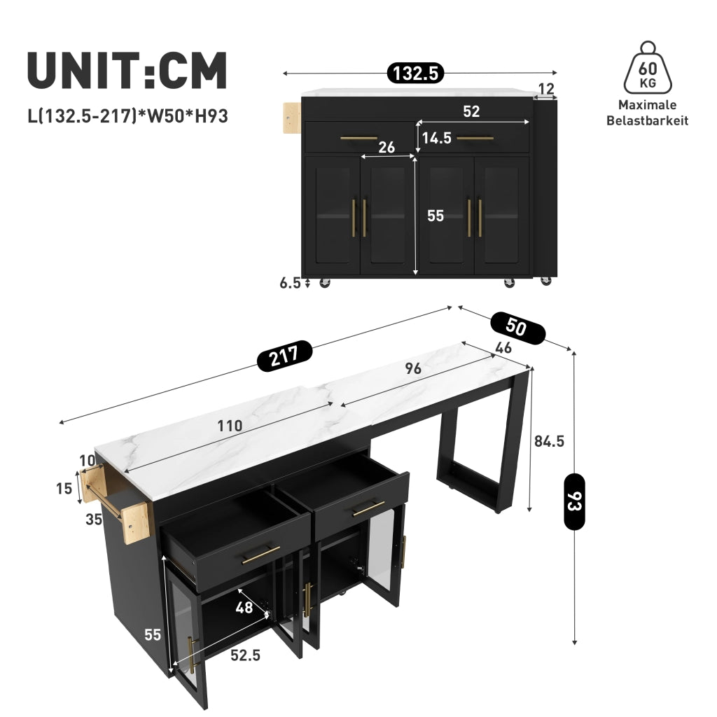 ISOLA CUCINA Estensibile 132,5-217 x 50 x 93 cm MDF Nero