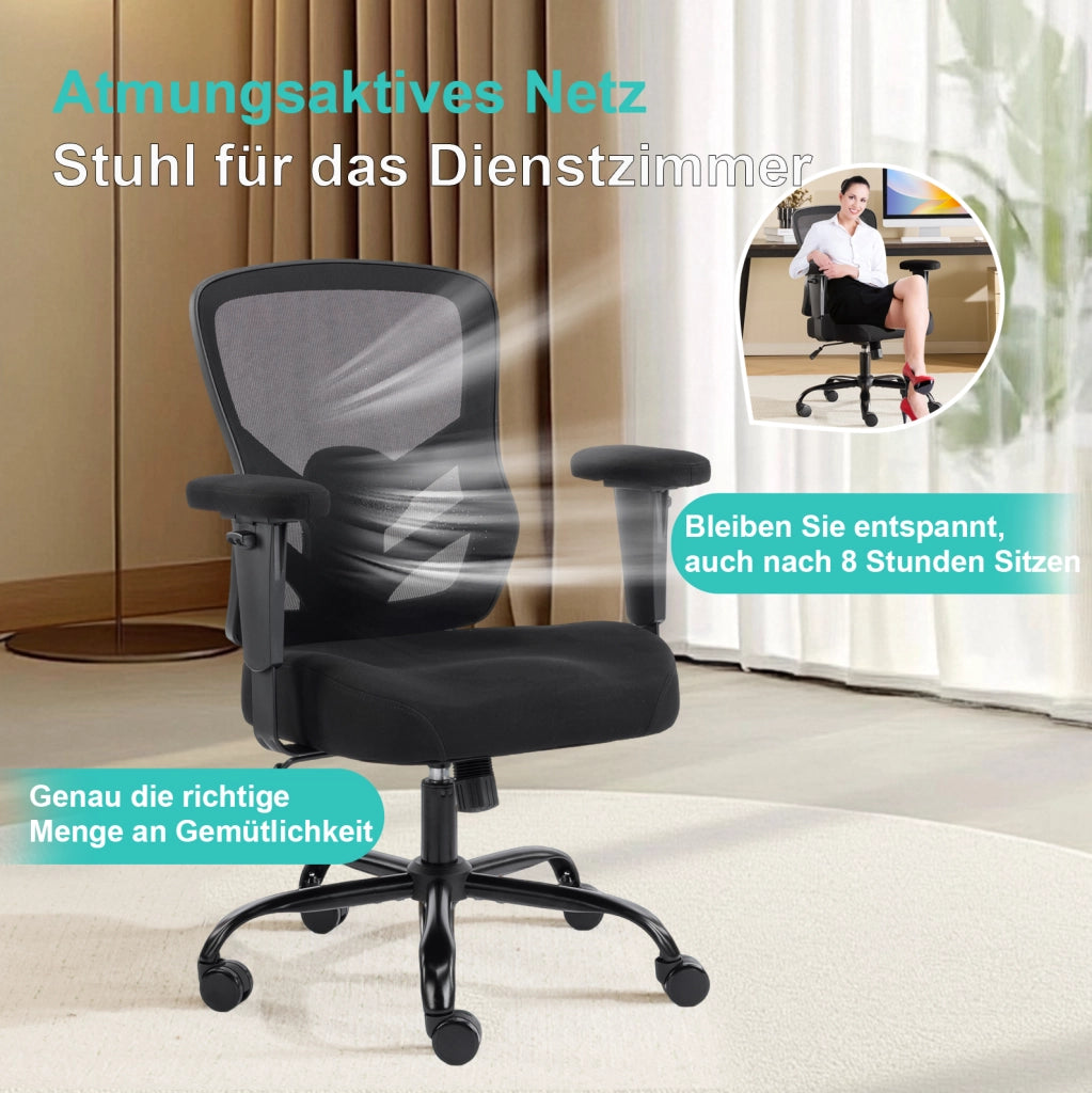 Sedia da ufficio ergonomica nera con supporto lombare regolabile e braccioli 2D