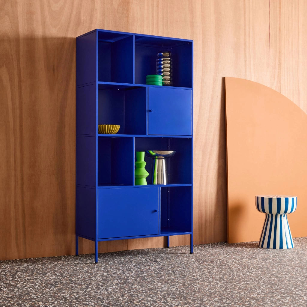 Credenza industriale in metallo con 8 scomparti, blu