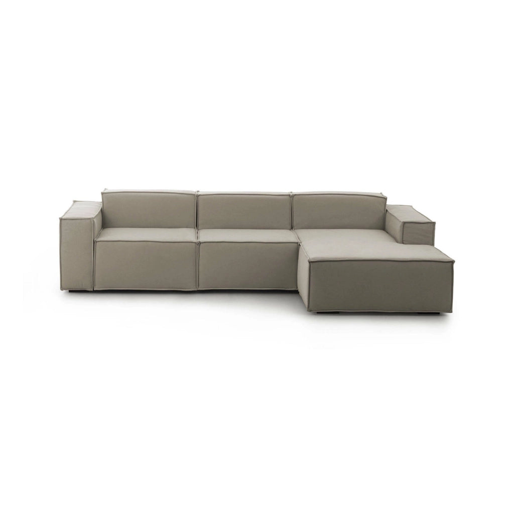 Divano fisso Ananas, Divano componibile a 3 posti con penisola destra, Made in Italy, SofÒ  moderno in tessuto, Cm 300x170h70, Tortora