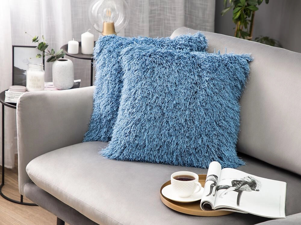 Set di 2 cuscini decorativi Fodera per cuscino in tessuto poliestere blu con inserto superficie pelosa 45 x 45 cm