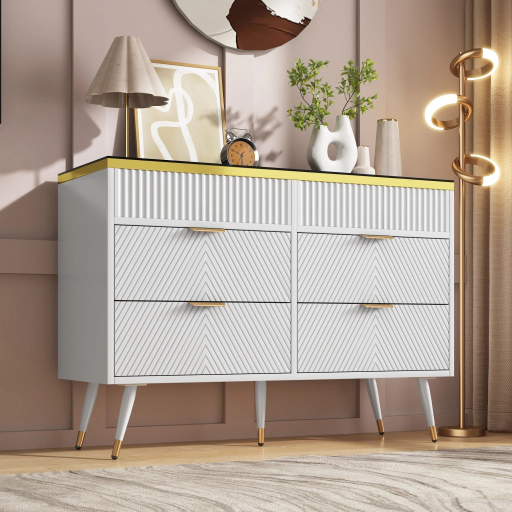 Cassettiera moderna con 6 cassetti, vetro marrone, struttura in truciolare e metallo, 120 x 40 x 76 cm