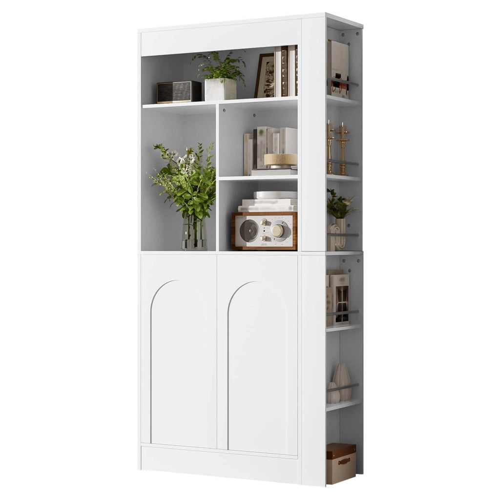 Armadio multiuso bianco con 2 ante, ripiani aperti laterali e mensole, 85×35×180 cm