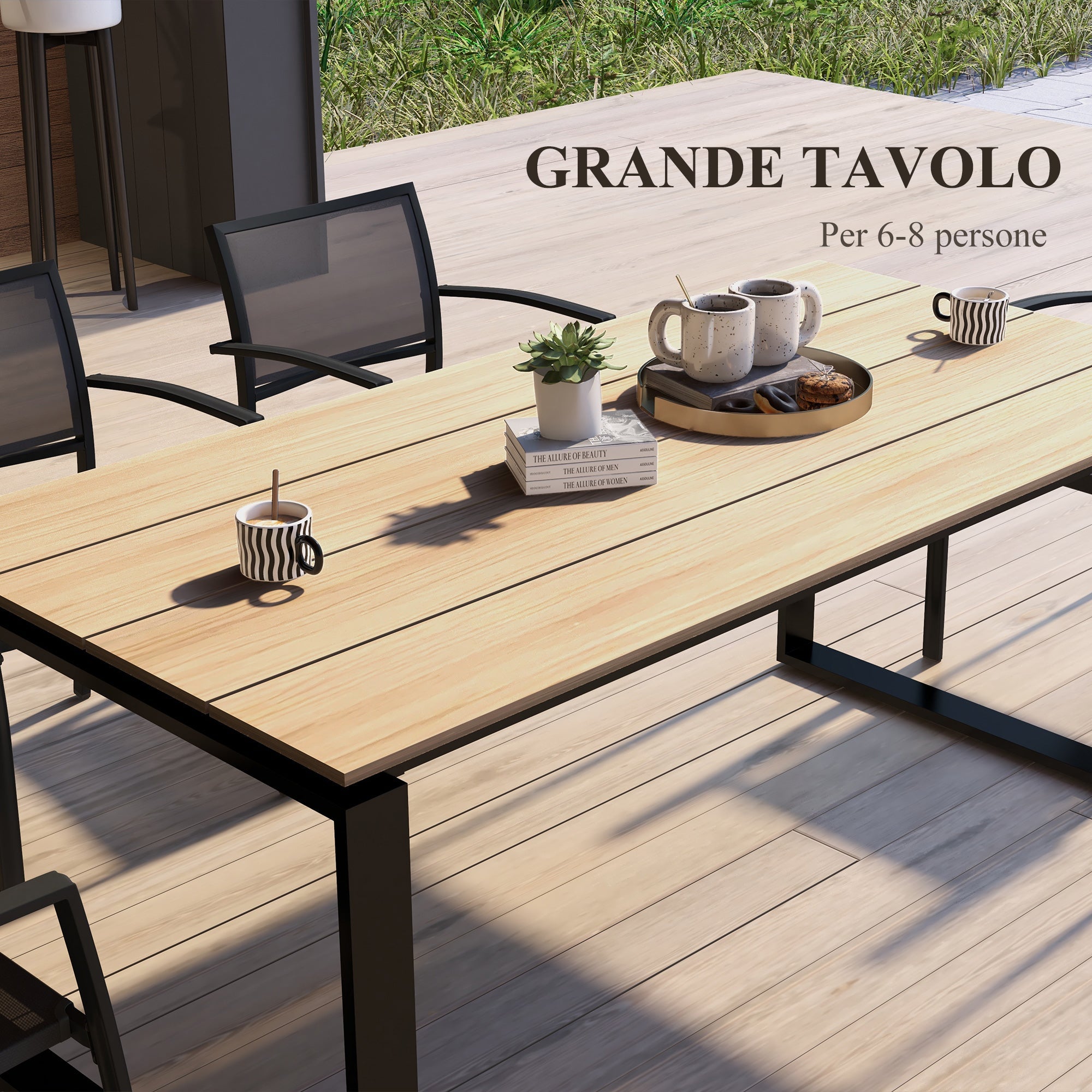 Tavolo da Giardino Rettangolare per 6-8 Persone 180x90x74cm in Alluminio con Piano a Doghe Quercia