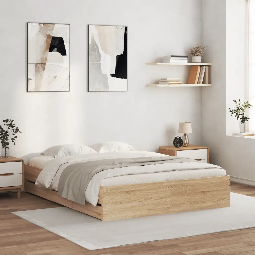 Letto matrimoniale | Letto per adulti | Giroletto Cassetti Rovere Sonoma 140x200 cm Legno Multistrato