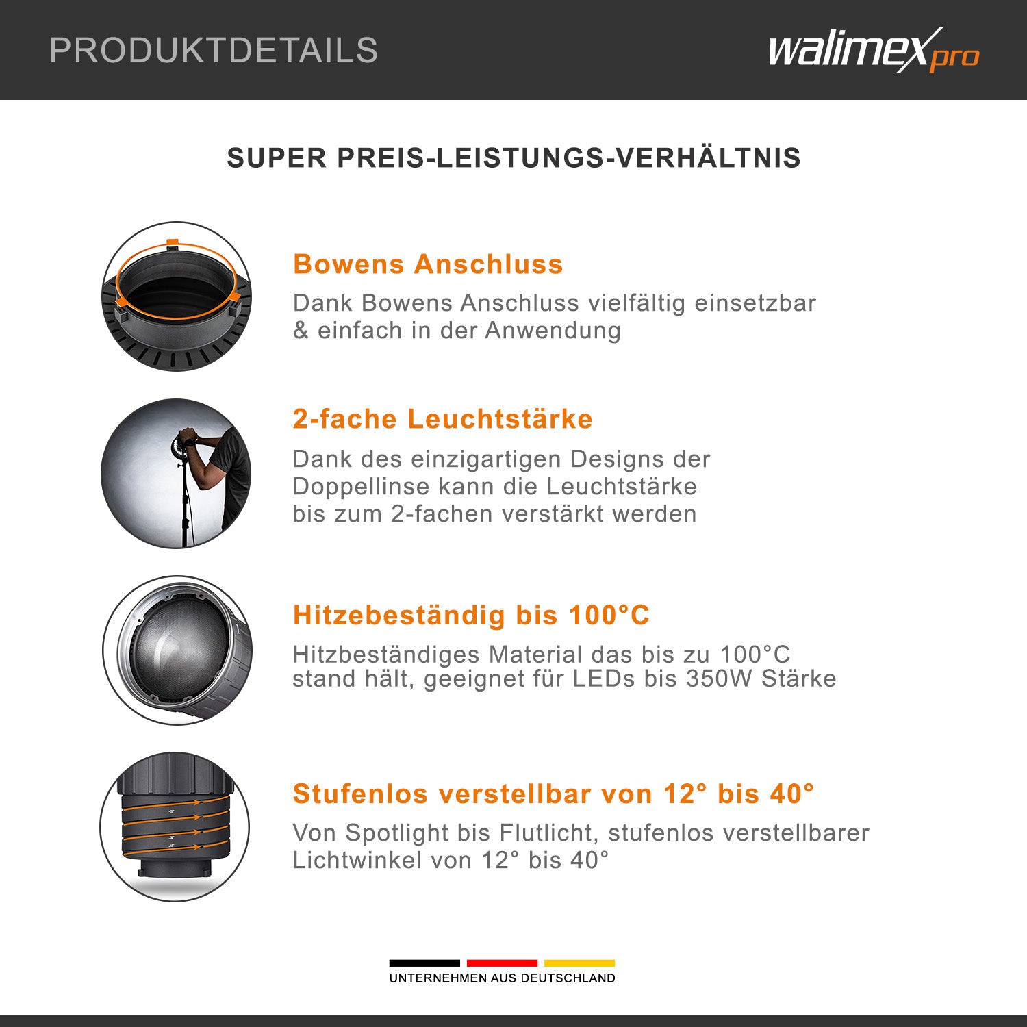 attacco Zoomspot 2X Bowens - Faretto a regolazione continua da 12° a 40°, per LED fino a 350W, resistente al calore fino a 100°C, compatibile con attacchi Bowens/Walimex Pro