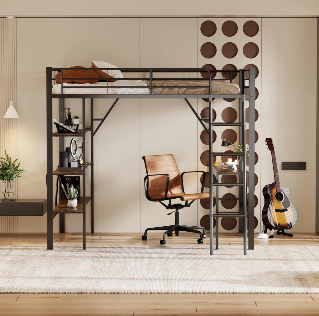 Letto a soppalco ULEVR 90x200 cm con scrivania e 3 ripiani, struttura in metallo e MDF nero