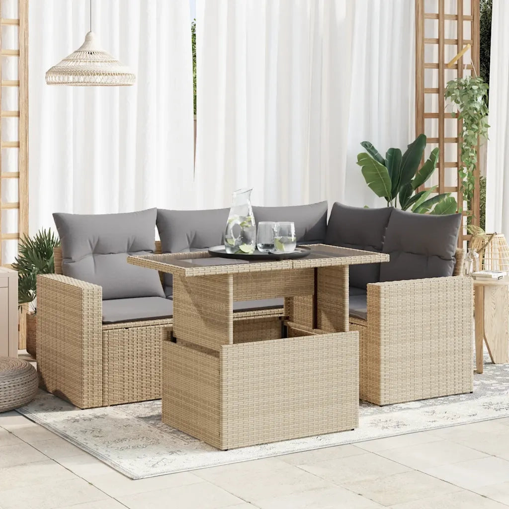 Set Divano da Giardino 5 pz con Cuscini Beige in Polyrattan