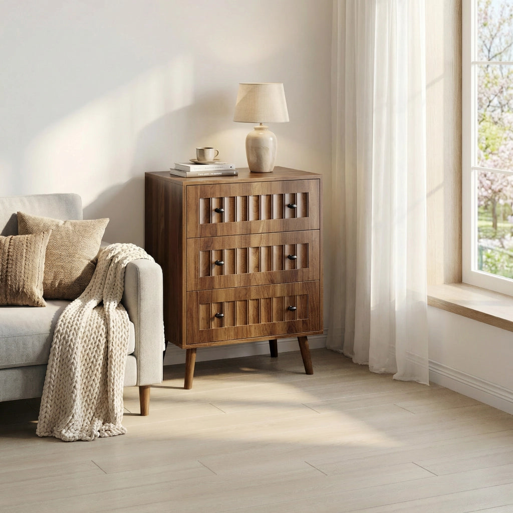 Cassettiera 60x40x79 cm con 3 cassetti; struttura stabile in MDF; noce