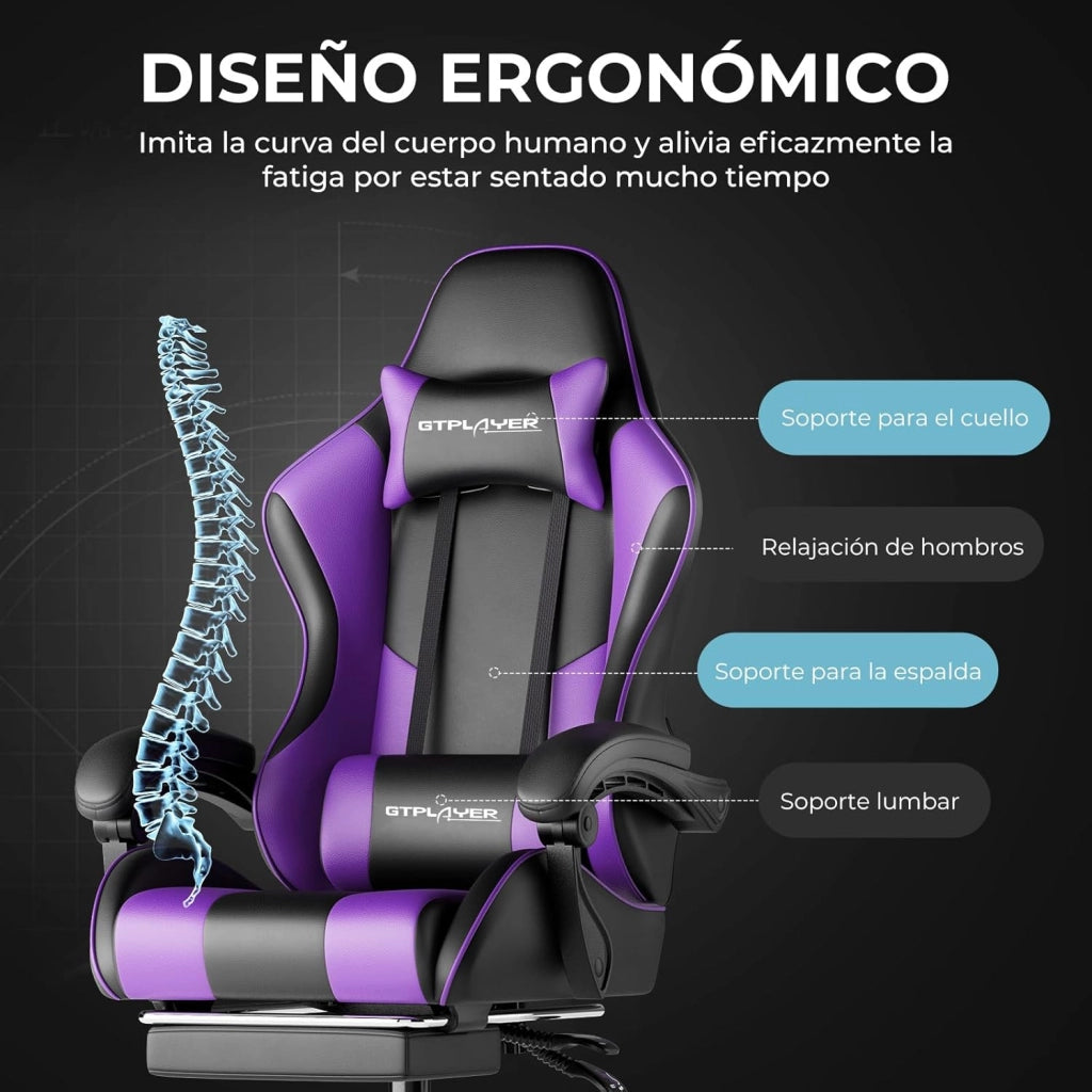 Sedia da gioco con massaggio ergonomico | Poggiapiedi e poggiatesta retrattili | Supporto 150 kg | Ufficio e Casa | Colore Viola
